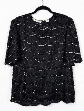 Vintage SCALA XXL 100% Silk Beaded Sequin Blouse 90s Glam Art Deco Evening